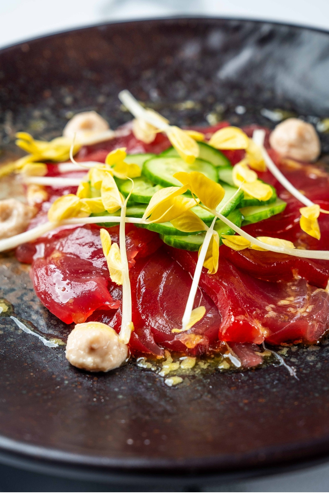 Tuna crudo at Slowly in Pacific Beach, San Diego CA – sushi-grade tuna with cucumber, chili oil, aioli, and pea green shoots